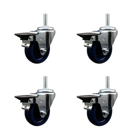 Service Caster 35 Inch Solid Polyurethane Wheel Swivel 58 Inch Threaded Stem Caster Set with Brake SCC SCC-TS20S3514-SPUS-PLB-58212-4